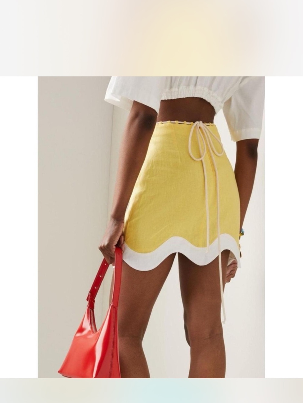 STAUD Arianna Scalloped Linen Mini Skirt in Wallflower & White, Size 6